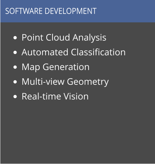 •	Point Cloud Analysis •	Automated Classification •	Map Generation •	Multi-view Geometry •	Real-time Vision  SOFTWARE DEVELOPMENT